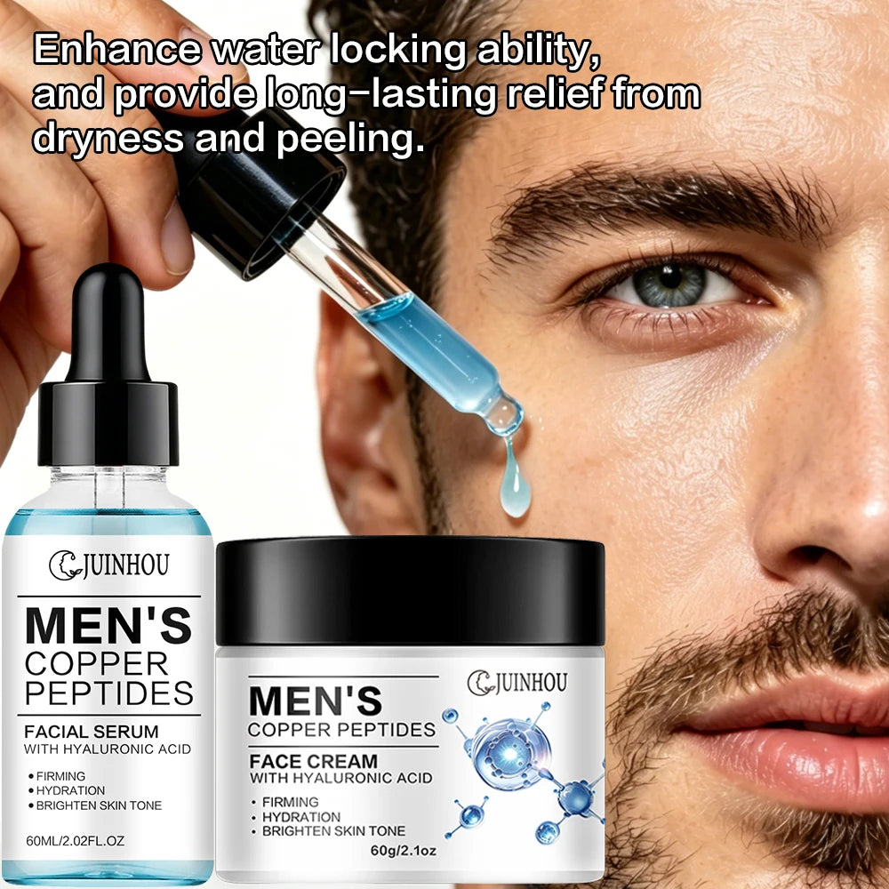 JUINHOU Men Face Serum&Cream Kit Copper Peptide Hyaluronic Acid Hydrating Firming Soothe Rough Skin Revitalize Dull Skin Man Day