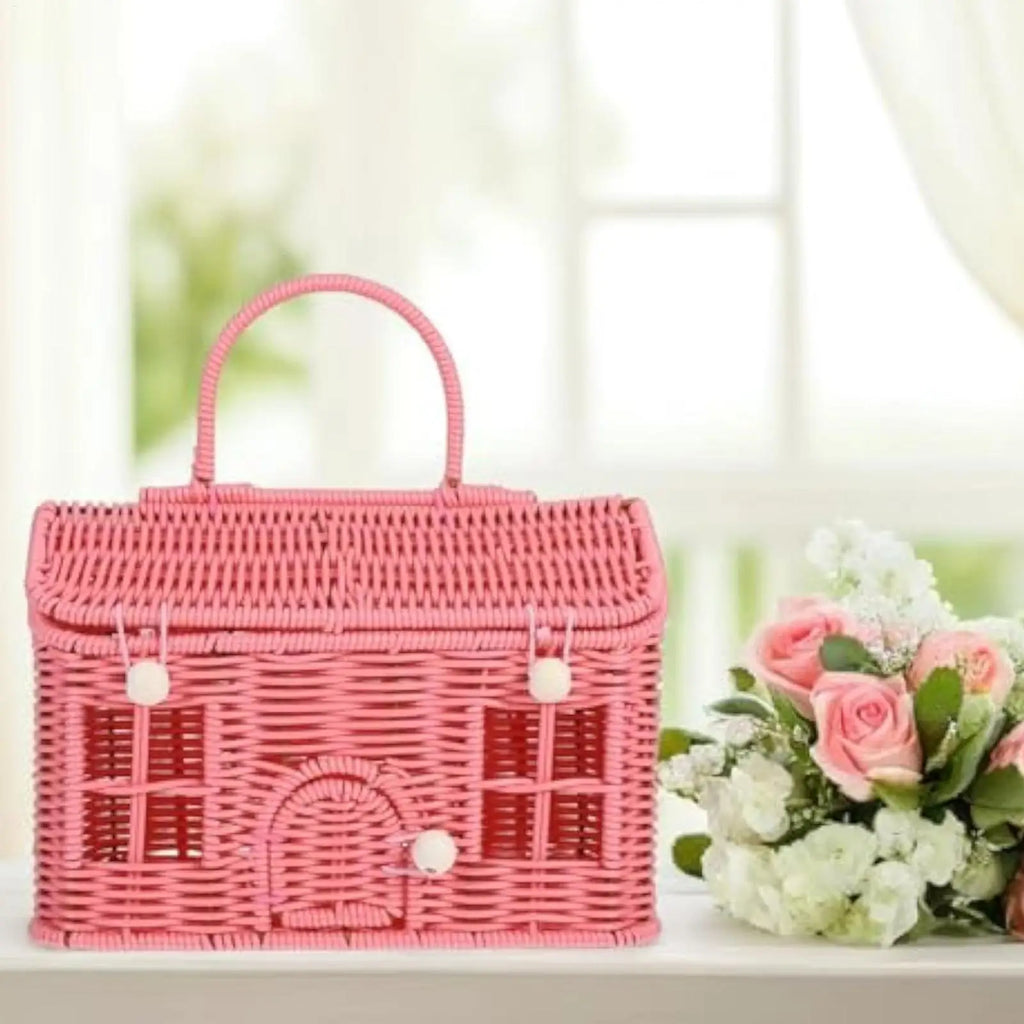 Imitation Rattan House Shaped Basket With Lid Handle Decorative Hand Woven Shelf Portable  Organizer Home Decor Storage Baskets