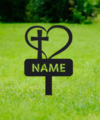 Personalized Metal Heart with Cross Sign Grave Maker Black Custom Memorial Stake Personalized Loss of Loved One Cemetery Stake f