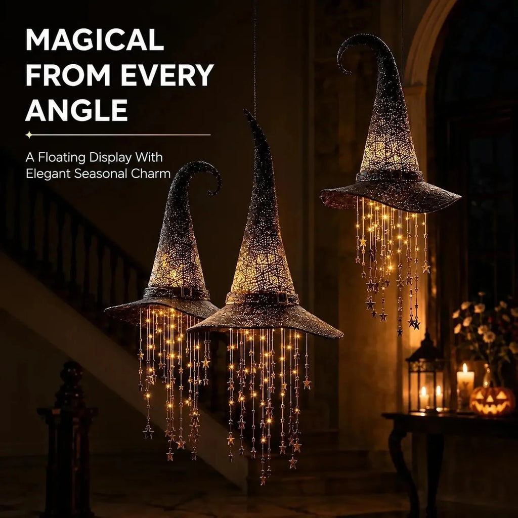 Lighted Witch Hat Hanging Chime, Halloween Outdoor Ornament, Glowing Mesh Cascading Stars, Black Frame Decoration, Party Decor