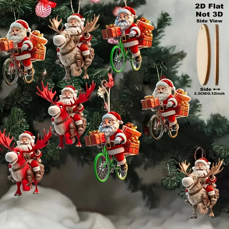 8/16/24Pcs Christmas Wooden Bicycle Santa Claus 2D Flat Wooden Pendant Christmas Tree Decoration Perfect Holiday Gift Decor