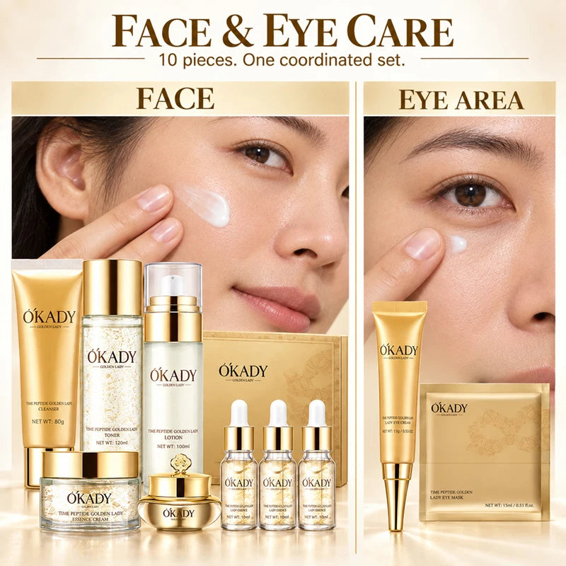 OKADY 10-Piece Peptide Skincare Set for Women, Hydrating & Moisturizing Face Care Kit with Cleanser, Toner, Serum x3, Lotion, Eye Cream, Face Creams and Eye Mask, Daily Skin Care Routine in a Gold Gift Box, Birthday, Christma