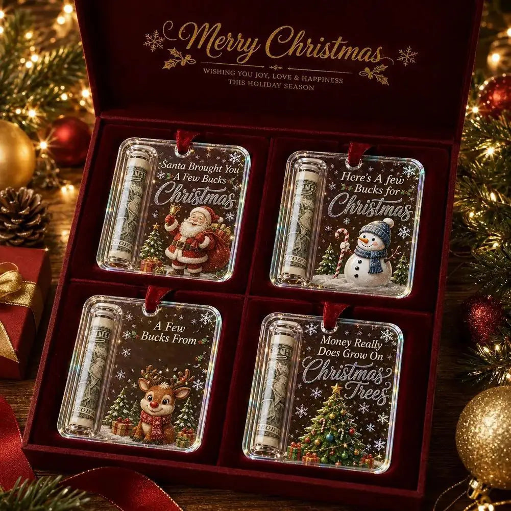 Christmas Money Holders Acrylic Hanging Money Holder Ornaments Christmas Tree Snowman Elk Hanging Pendant New Year Party Decor