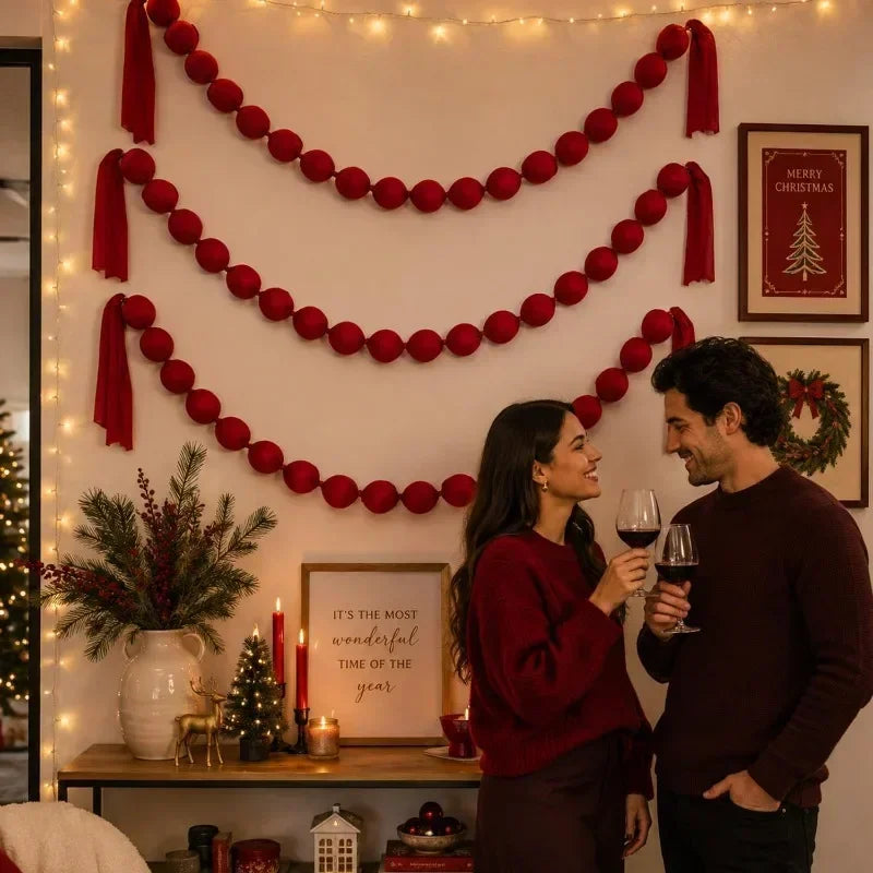 Christmas Hanging Ball Garland Red Cloth Ball String DIY Xmas Tree Window Hanging Decor Smooth Soft Fabric Balls Party Supply