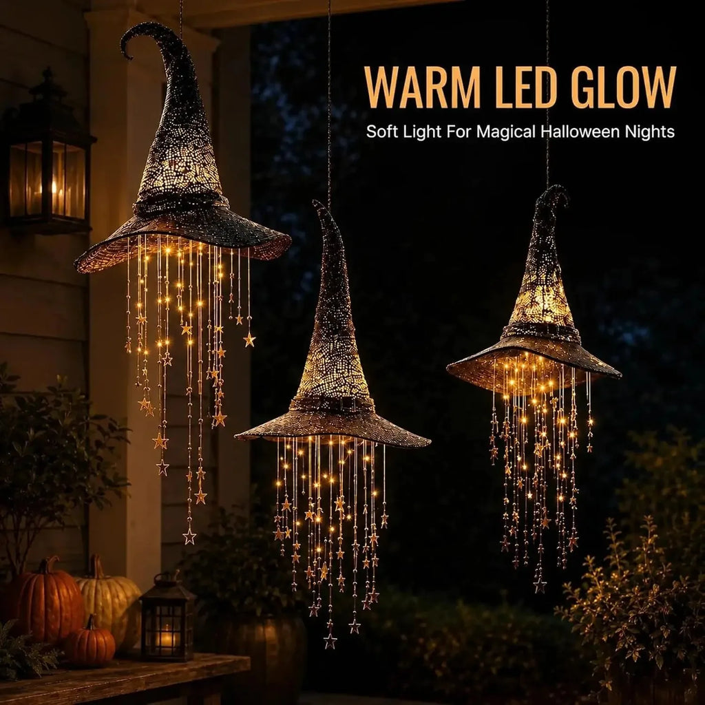 Lighted Witch Hat Hanging Chime, Halloween Outdoor Ornament, Glowing Mesh Cascading Stars, Black Frame Decoration, Party Decor