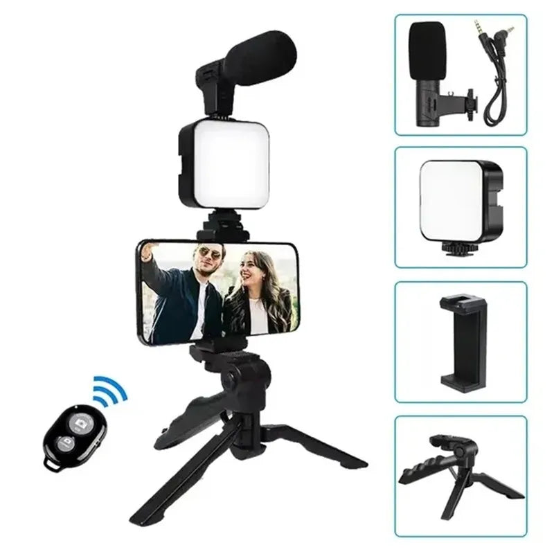 Smartphone Vlogging Kit With Tripod Phone Holder Mini Microphone LED