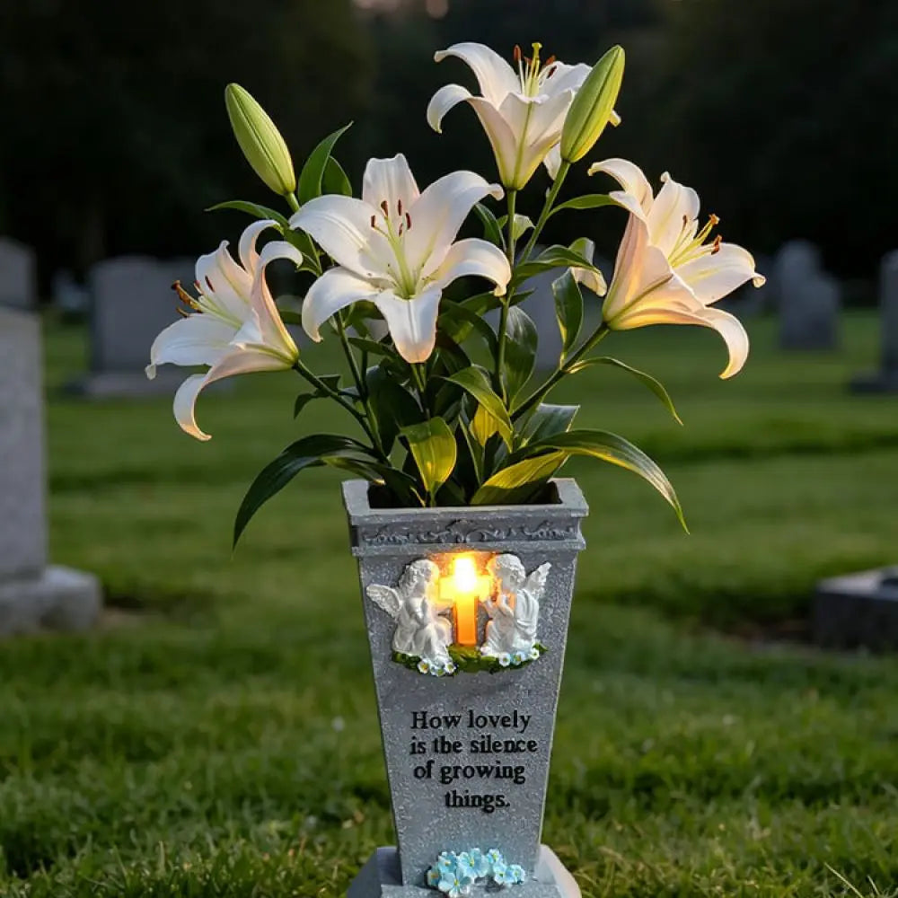 Solar LED Cross Grave Vase Outdoor Commemorative Flower Holder Garden Cemetery Memorial Decoration Light Ornament Base