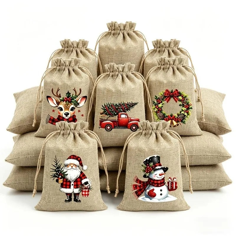 5/12 Pack Christmas Burlap Gift Bags Reusable Drawstring 5 Designs