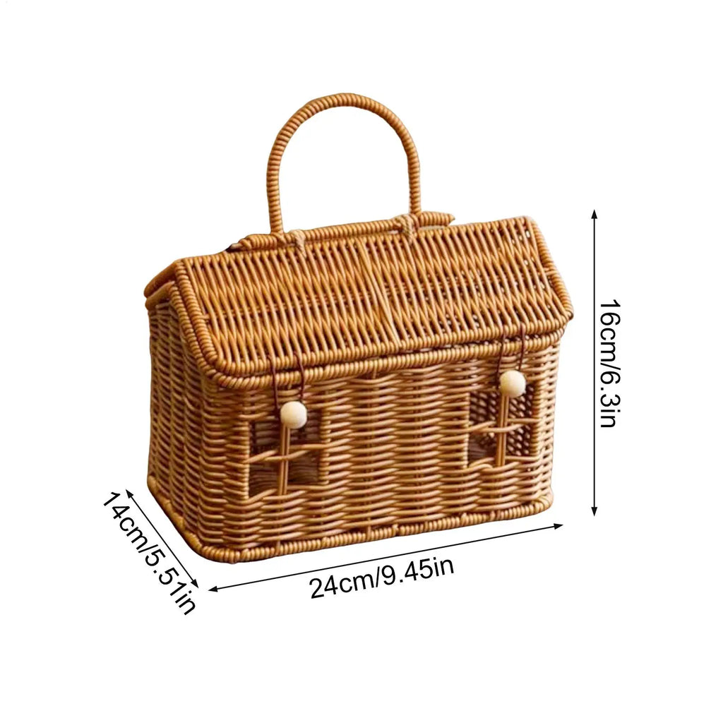 Imitation Rattan House Shaped Basket With Lid Handle Decorative Hand Woven Shelf Portable  Organizer Home Decor Storage Baskets