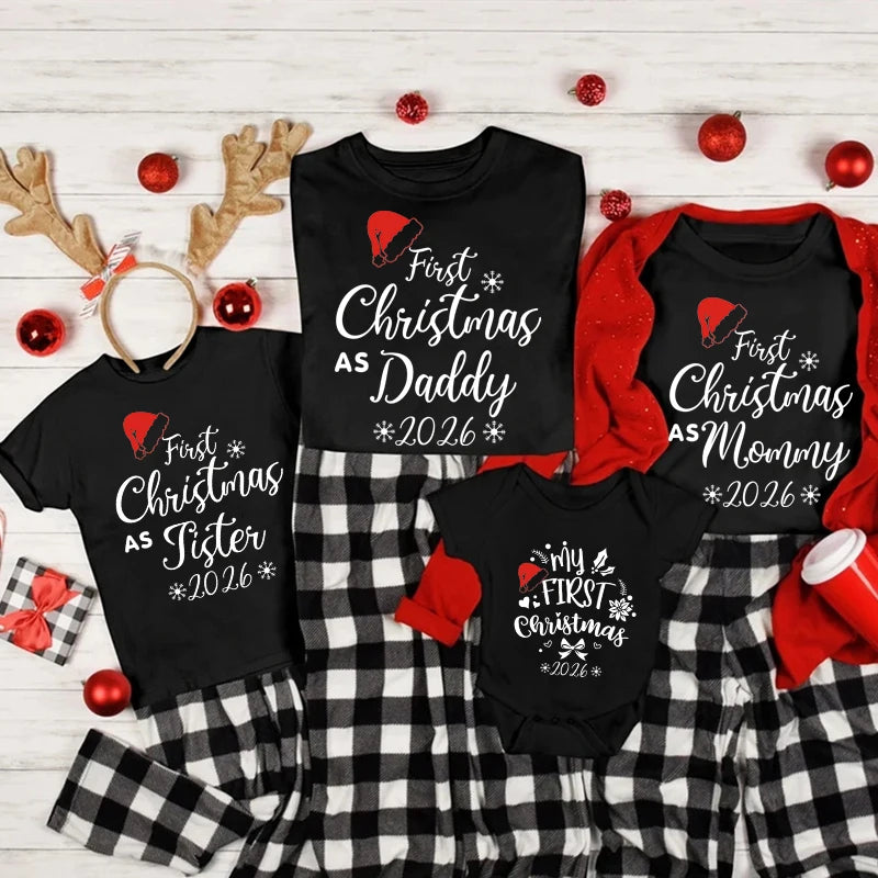First Christmas As Daddy Mommy Brother Sister 2026 Family Matching Outfits Santa Hat Print Family Look Xmas T‑Shirt Baby Romper