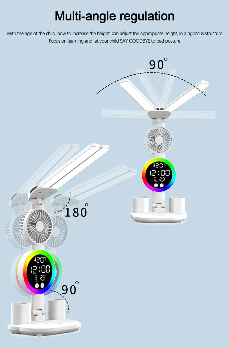 Rechargeable Led Table Lamp for Study Desk Lamp Reading Light Led Night Light with Fan Led Clock Dispaly Reading Desk Light