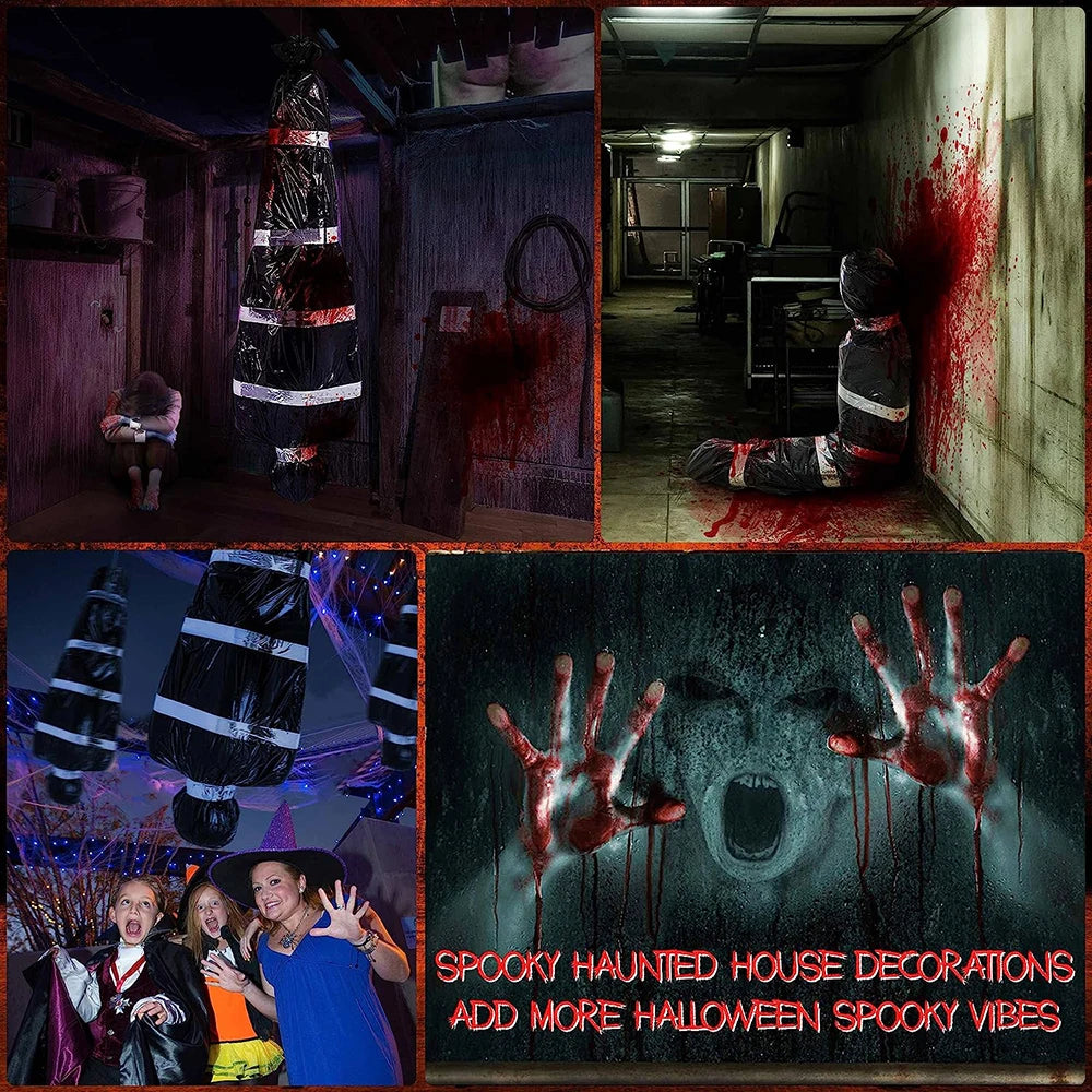 Horror Halloween Outdoor Decoration 59inch Creepy Corpse Props Set Scary Fake Bloody Body Bag Haunted House Hanging Decorations