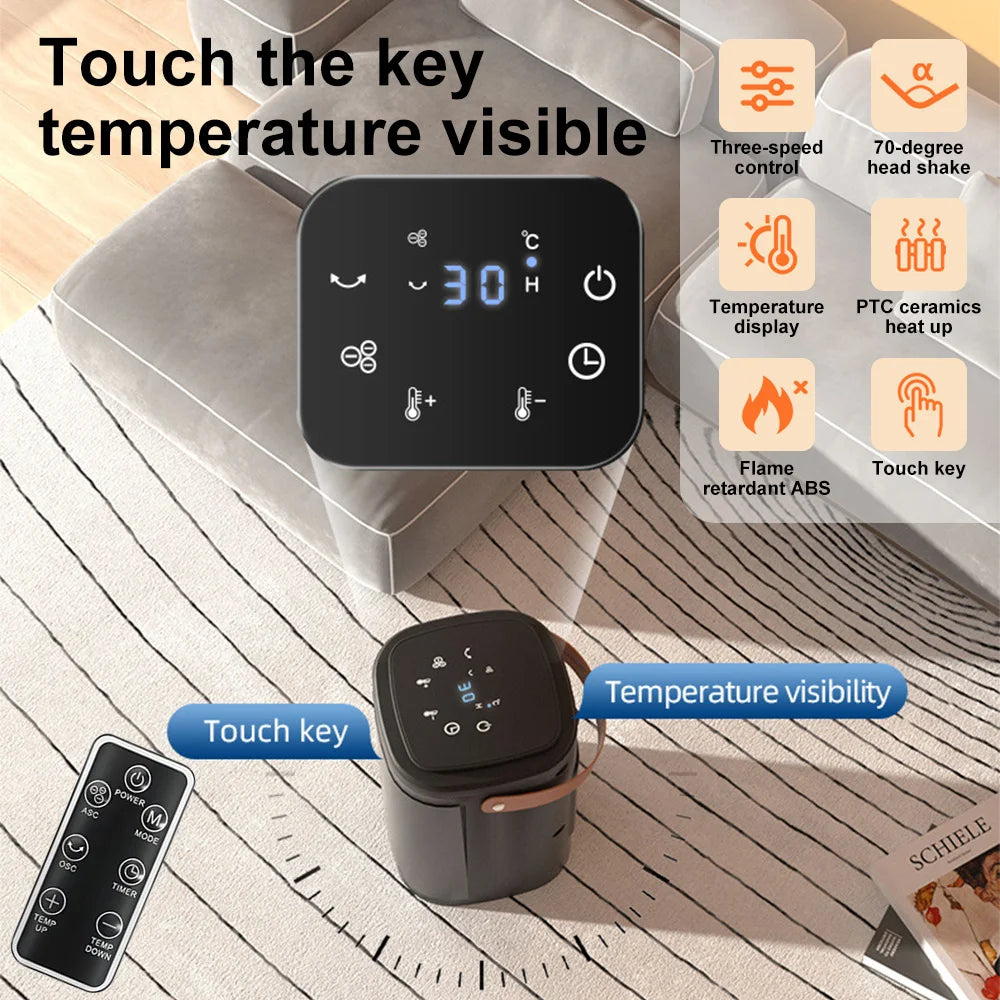 Portable Touch Screen Remote Control Cooling Heating Fan 1400W, 3 Wind Speeds 8H+ Timer Oscillating Space Heater for Home Bedroom Office