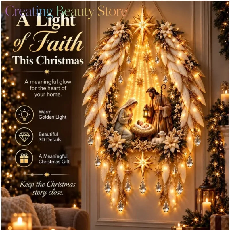 Christmas，Bethlehem Star of Faith, Lighted Nativity Wall Decor,Glowing Christmas Hanging Ornament, LED Lights for Indoor