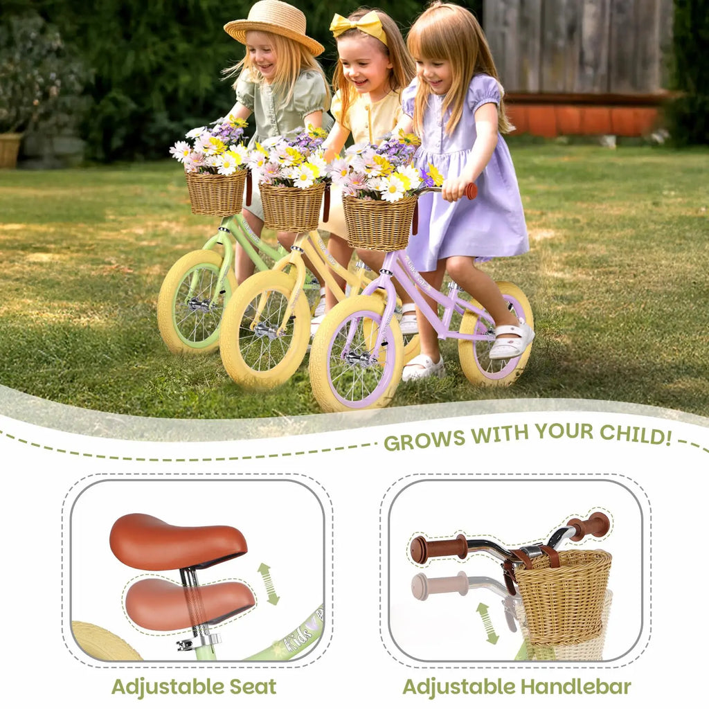 14 Inch Kids Balance Bike, Lightweight Height-adjustable Push Bike with Removable Basket and Rubber Air Tires