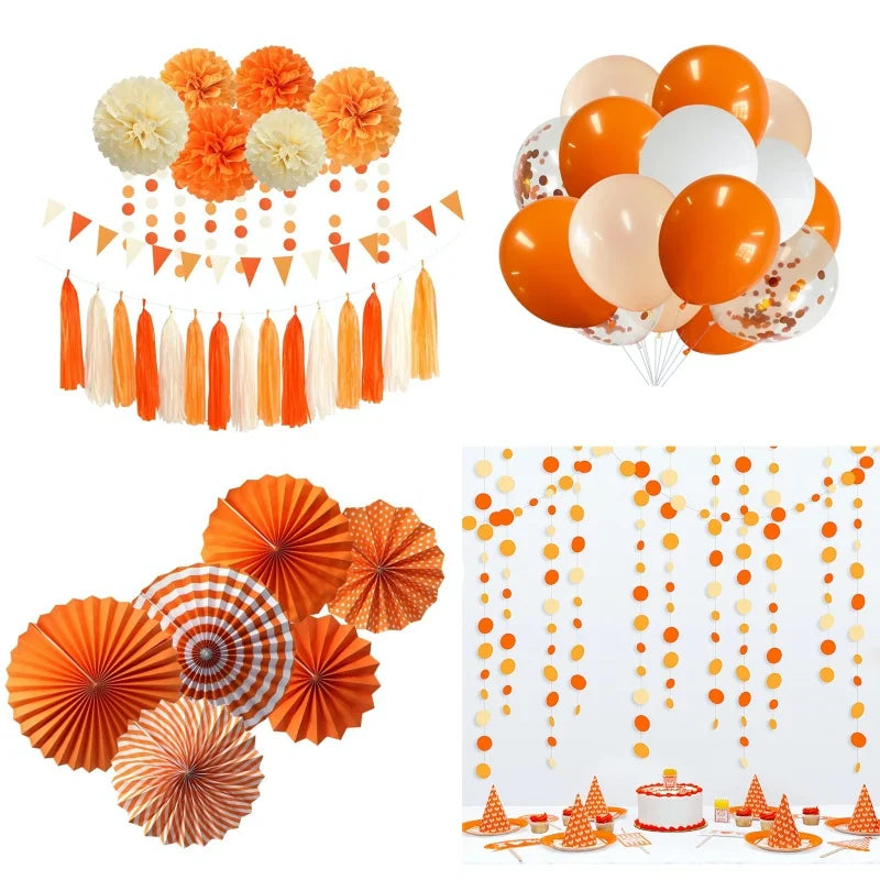Orange Beige Boho Pom Pom Flower Fall Thanksgiving Banner Heart Tassel Garlands Balloons Hanging Autumn Harvest Wedding Decor