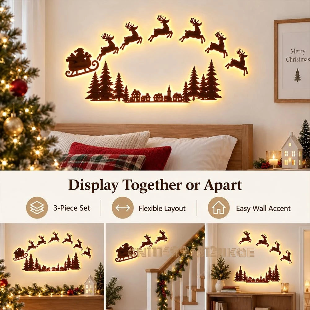 Lighted Santa Sleigh Reindeer Christmas Wall Decor Remote Set,Warm white glow, wooden cutout design, flexible layout