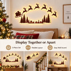 Lighted Santa Sleigh Reindeer Christmas Wall Decor Remote Set,Warm white glow, wooden cutout design, flexible layout