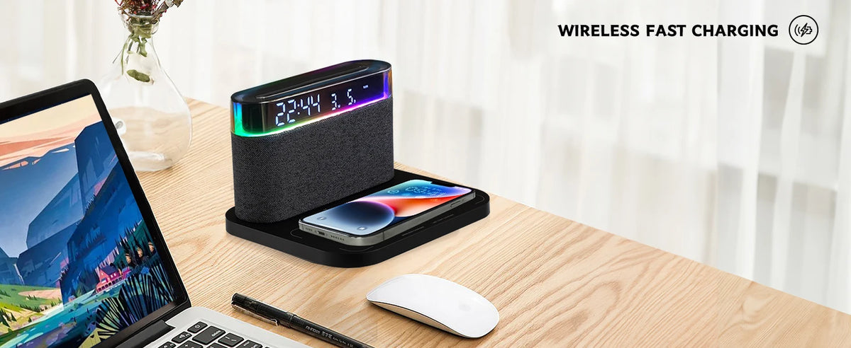 6-in-1 Bluetooth Alarm Clock – Wireless Charger, Speaker Night Light (3 Colors) for IPhone, Apple Watch, AirPods  iphone charger