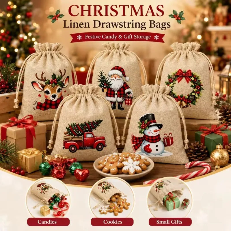 5/12 Pack Christmas Burlap Gift Bags Reusable Drawstring 5 Designs