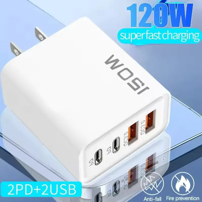 Fast Charging USB Type C Charger 120W 4 Port PD Quick Charge 3.0 For iPhone Samsung Xiaomi Huawei EU US UK Plug Phone Adapter