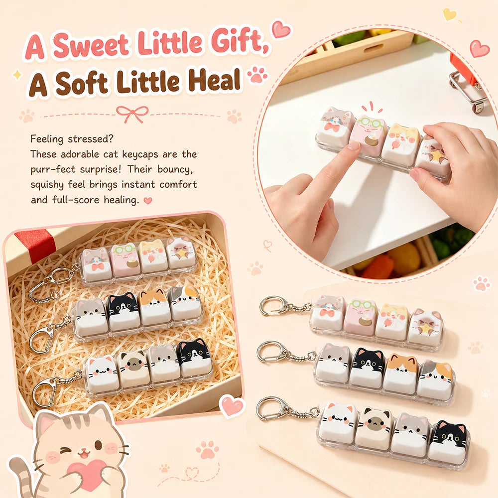 Cute Cat Relax Button Keycap, Kawaii Cat 4-Key Keyboard Fidget Toy for Friends Gift, Portable Fidget Keychain Fashion Bag Charm