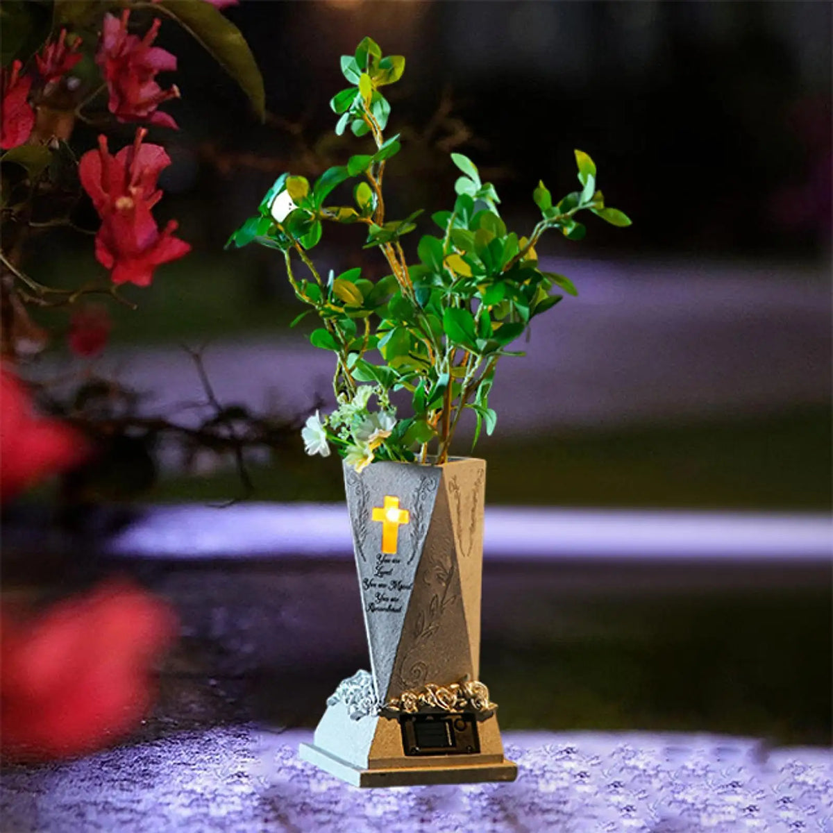 Solar Cross Memorial Flower Vase with Drainage Hole
