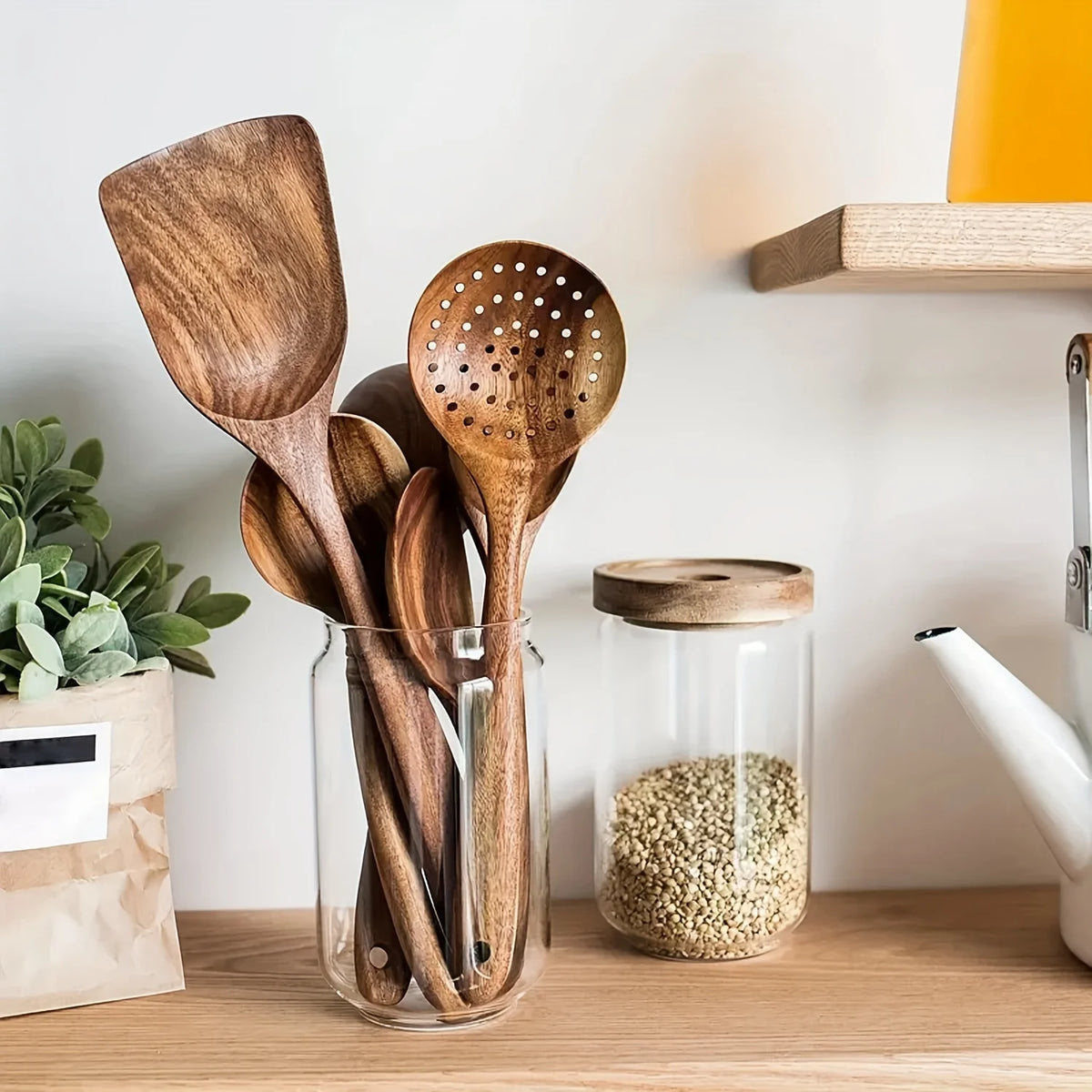 5pcs Wooden Kitchen Utensils Set, Wooden Spoons Natural Spatulas