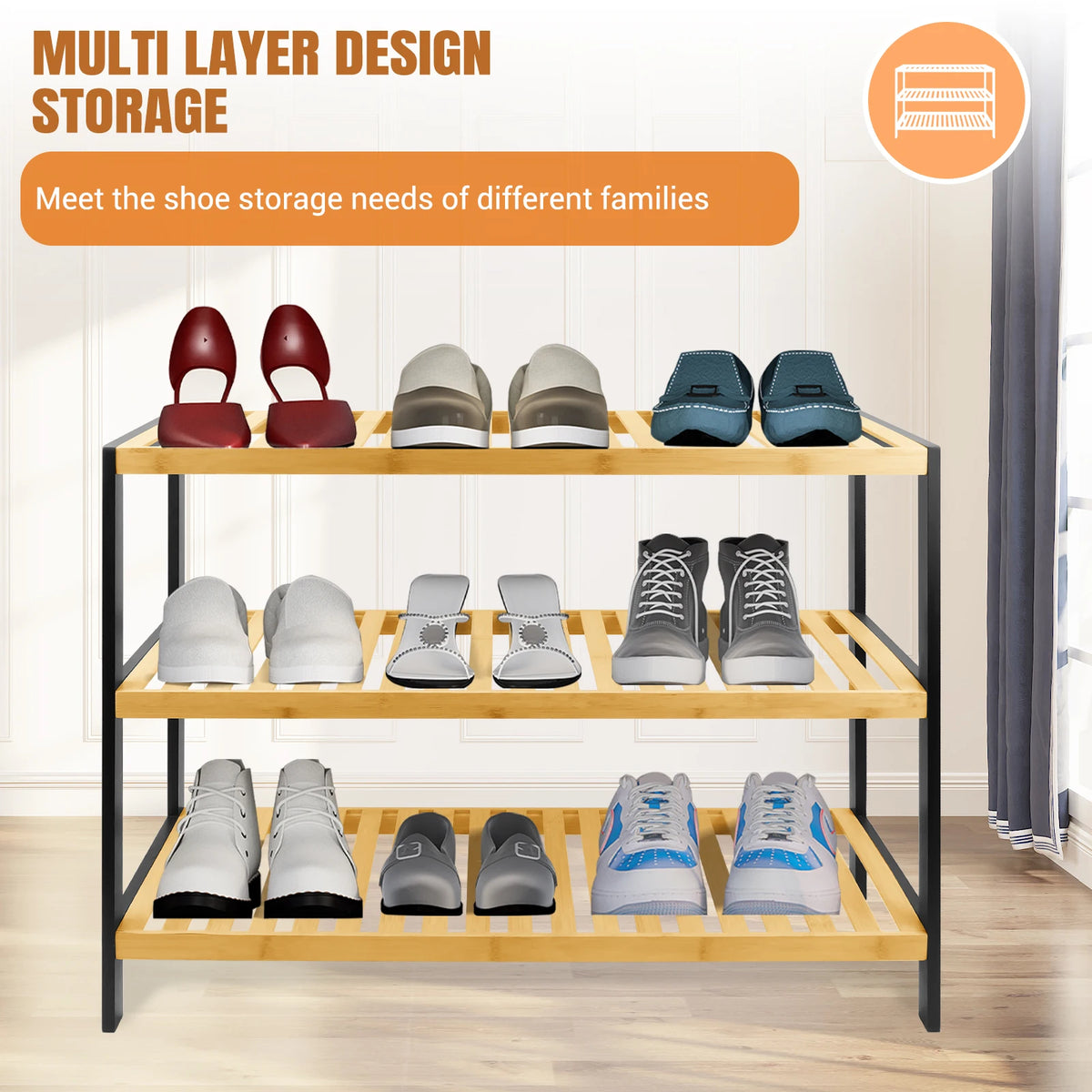 3 Tier Bamboo Shoe Rack ,Black/Natural