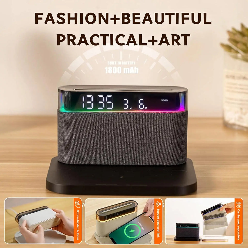 6-in-1 Bluetooth Alarm Clock – Wireless Charger, Speaker Night Light (3 Colors) for IPhone, Apple Watch, AirPods  iphone charger