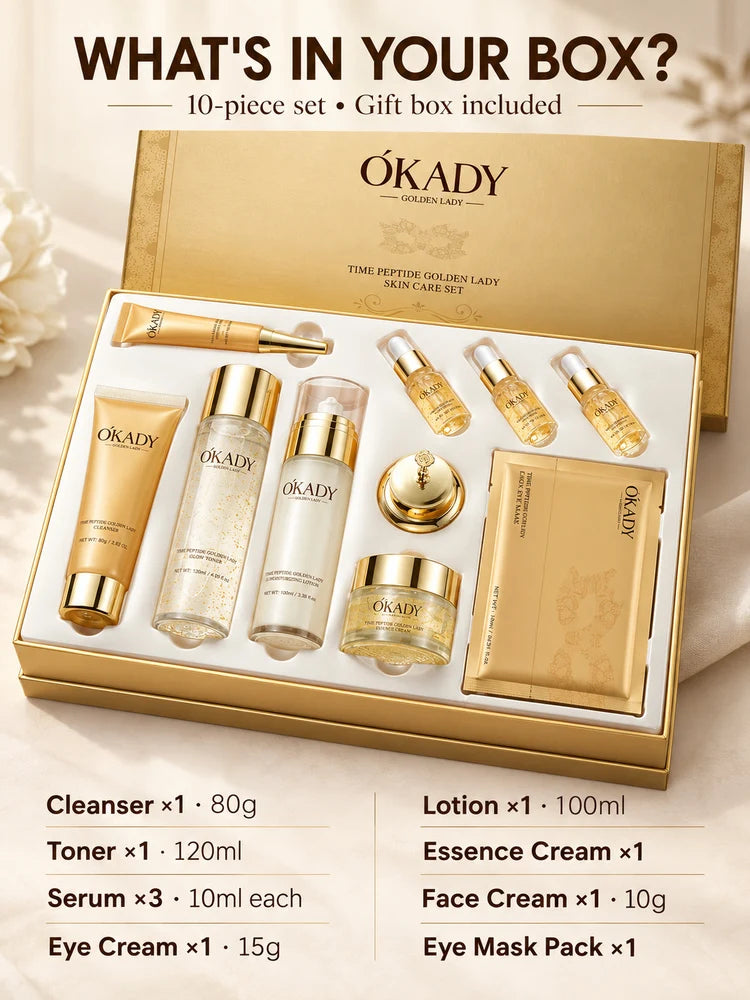 OKADY 10-Piece Peptide Skincare Set for Women, Hydrating & Moisturizing Face Care Kit with Cleanser, Toner, Serum x3, Lotion, Eye Cream, Face Creams and Eye Mask, Daily Skin Care Routine in a Gold Gift Box, Birthday, Christma