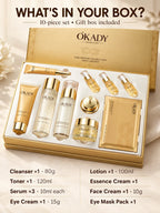 OKADY 10-Piece Peptide Skincare Set for Women, Hydrating & Moisturizing Face Care Kit with Cleanser, Toner, Serum x3, Lotion, Eye Cream, Face Creams and Eye Mask, Daily Skin Care Routine in a Gold Gift Box, Birthday, Christma