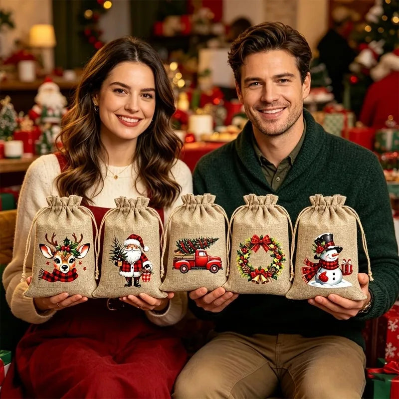 5/12 Pack Christmas Burlap Gift Bags Reusable Drawstring 5 Designs