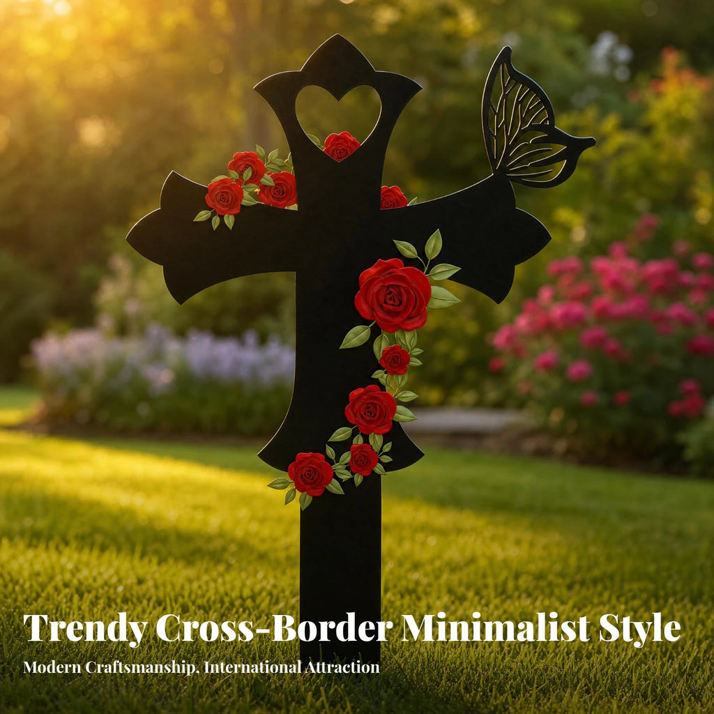 Cross Memorial Stake Outdoor Use Rose Memorial Stake Metal Grave Marker Easy Ground Insert Sympathy Gift for Courtyard