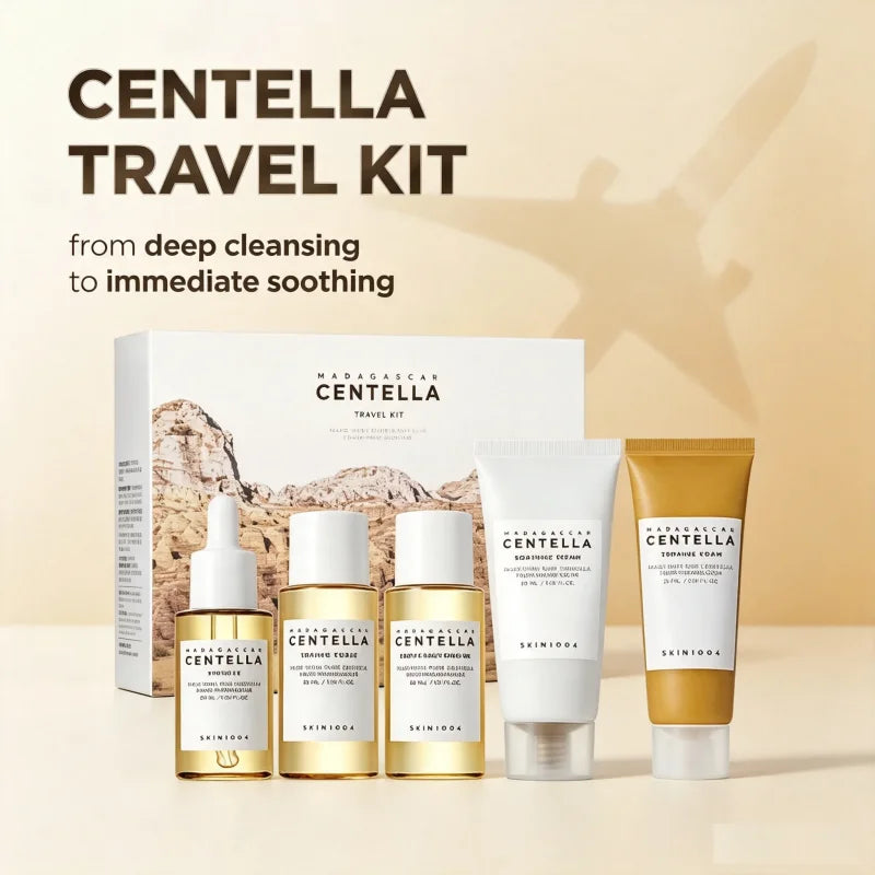 Korean Centella Travel Kit, Toner,Ampoule,Soothing Cream,Cleansing Oil,Ampoule Foam,Basic Daily Skincare Mini 5pcs Gift Sets