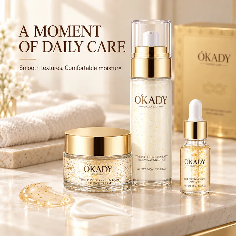 OKADY 10-Piece Peptide Skincare Set for Women, Hydrating & Moisturizing Face Care Kit with Cleanser, Toner, Serum x3, Lotion, Eye Cream, Face Creams and Eye Mask, Daily Skin Care Routine in a Gold Gift Box, Birthday, Christma