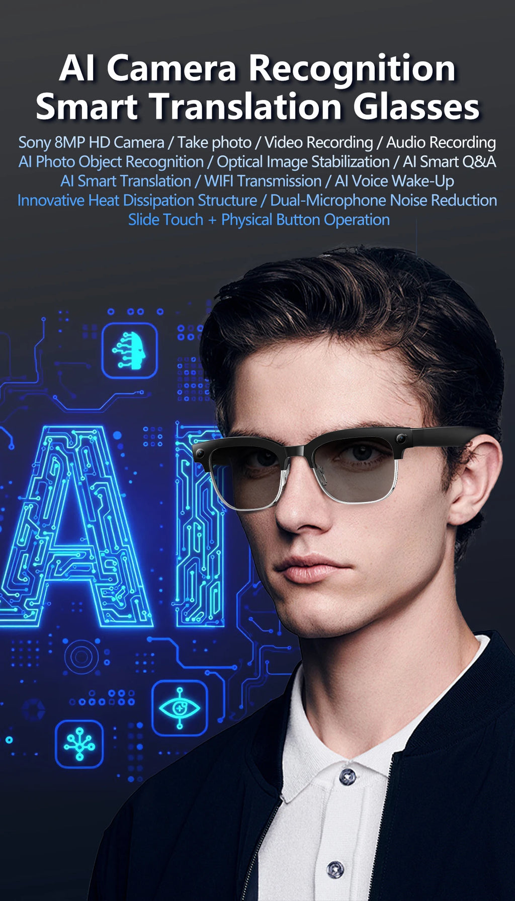 2026New 800W Pixel Camera Smart Glasses Men Video Recording AI Photo Recognition Bluetooth Call Voice Translation Sunglasses Man
