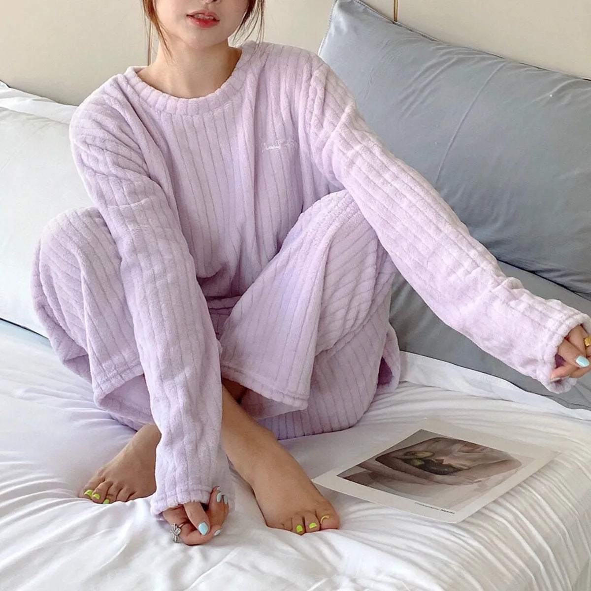 Soft Coral Velvet Jacquard Warm Pajama Set for Women Cozy Loungewear Outerwear for Winter Christmas Valentine's Day Gift