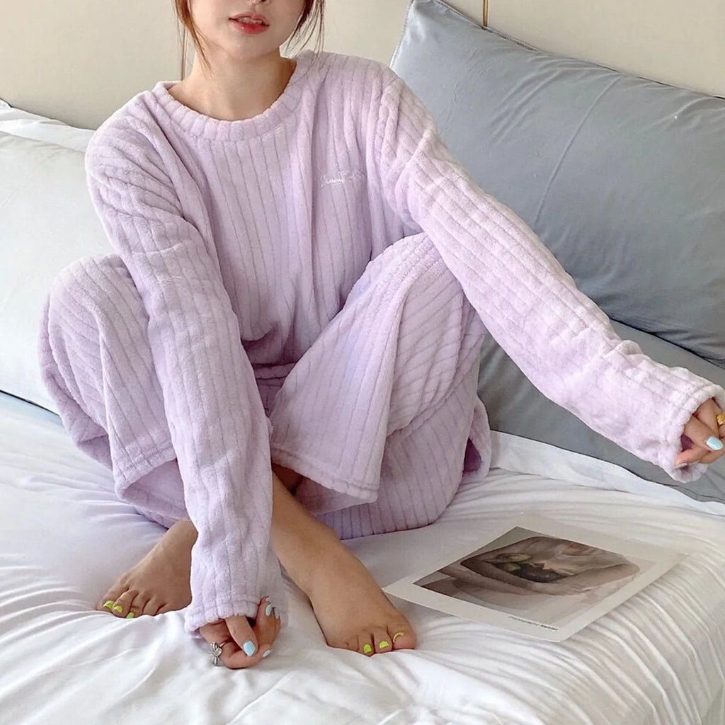 Soft Coral Velvet Jacquard Warm Pajama Set for Women Cozy Loungewear Outerwear for Winter Christmas Valentine's Day Gift