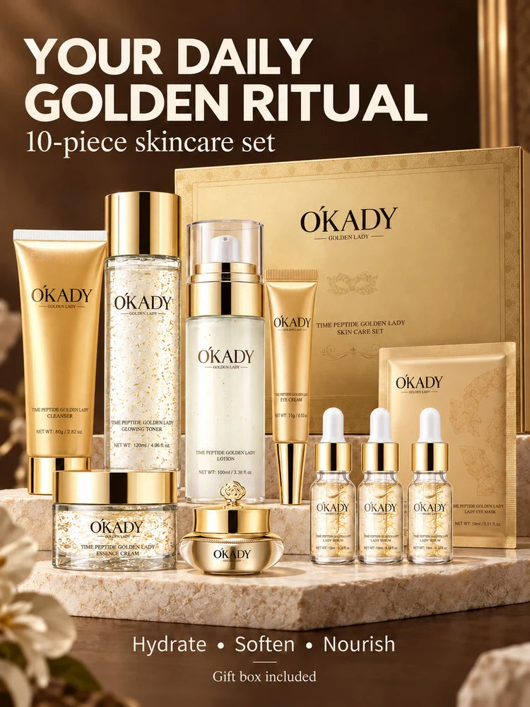 OKADY 10-Piece Peptide Skincare Set for Women, Hydrating & Moisturizing Face Care Kit with Cleanser, Toner, Serum x3, Lotion, Eye Cream, Face Creams and Eye Mask, Daily Skin Care Routine in a Gold Gift Box, Birthday, Christma