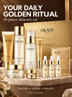 OKADY 10-Piece Peptide Skincare Set for Women, Hydrating & Moisturizing Face Care Kit with Cleanser, Toner, Serum x3, Lotion, Eye Cream, Face Creams and Eye Mask, Daily Skin Care Routine in a Gold Gift Box, Birthday, Christma