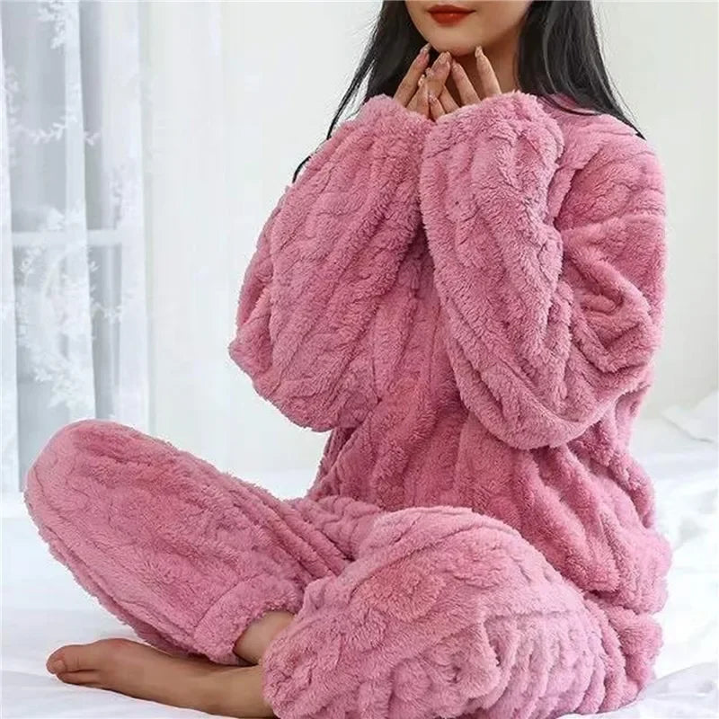 Women Coral Velvet Jacquard Pajama Set Soft Warm Winter Loungewear Comfortable Homewear for Christmas Valentine's Day Gift