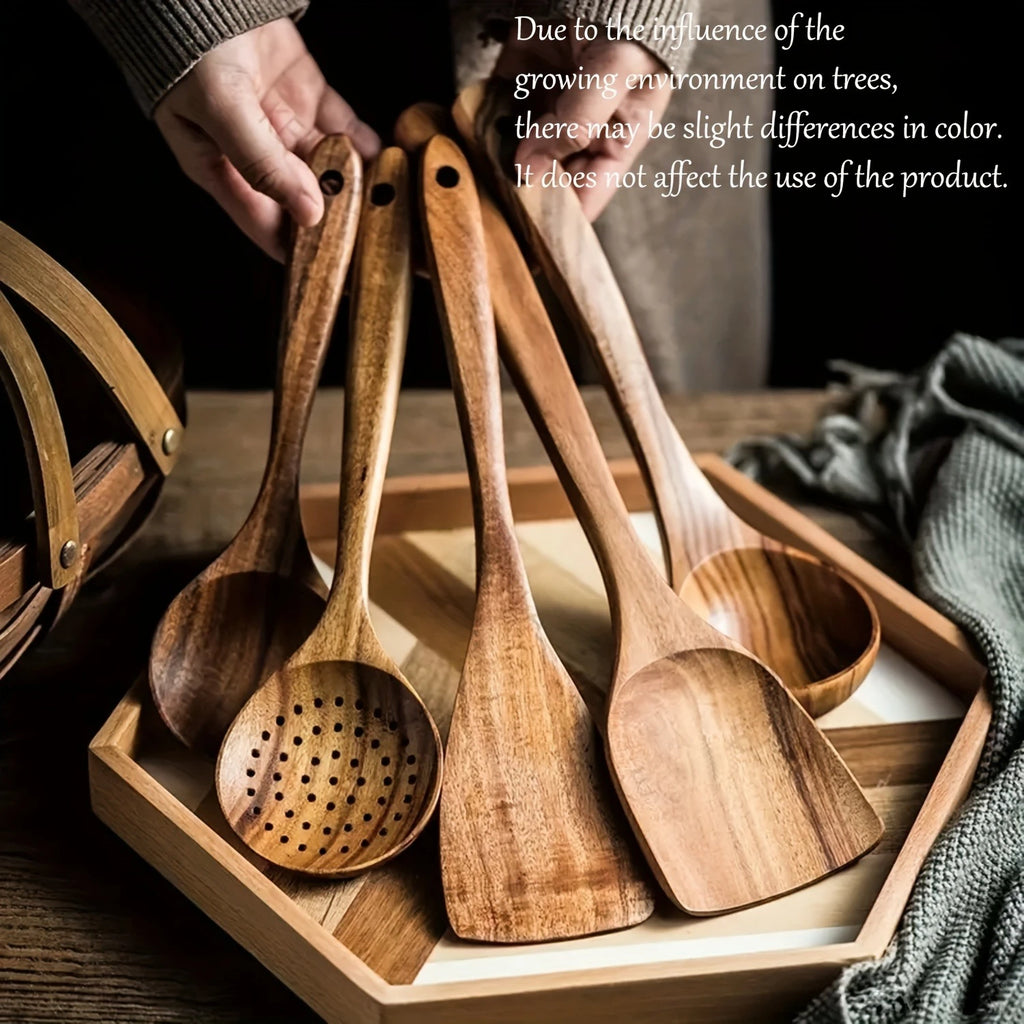 5pcs Wooden Kitchen Utensils Set, Wooden Spoons Natural Spatulas