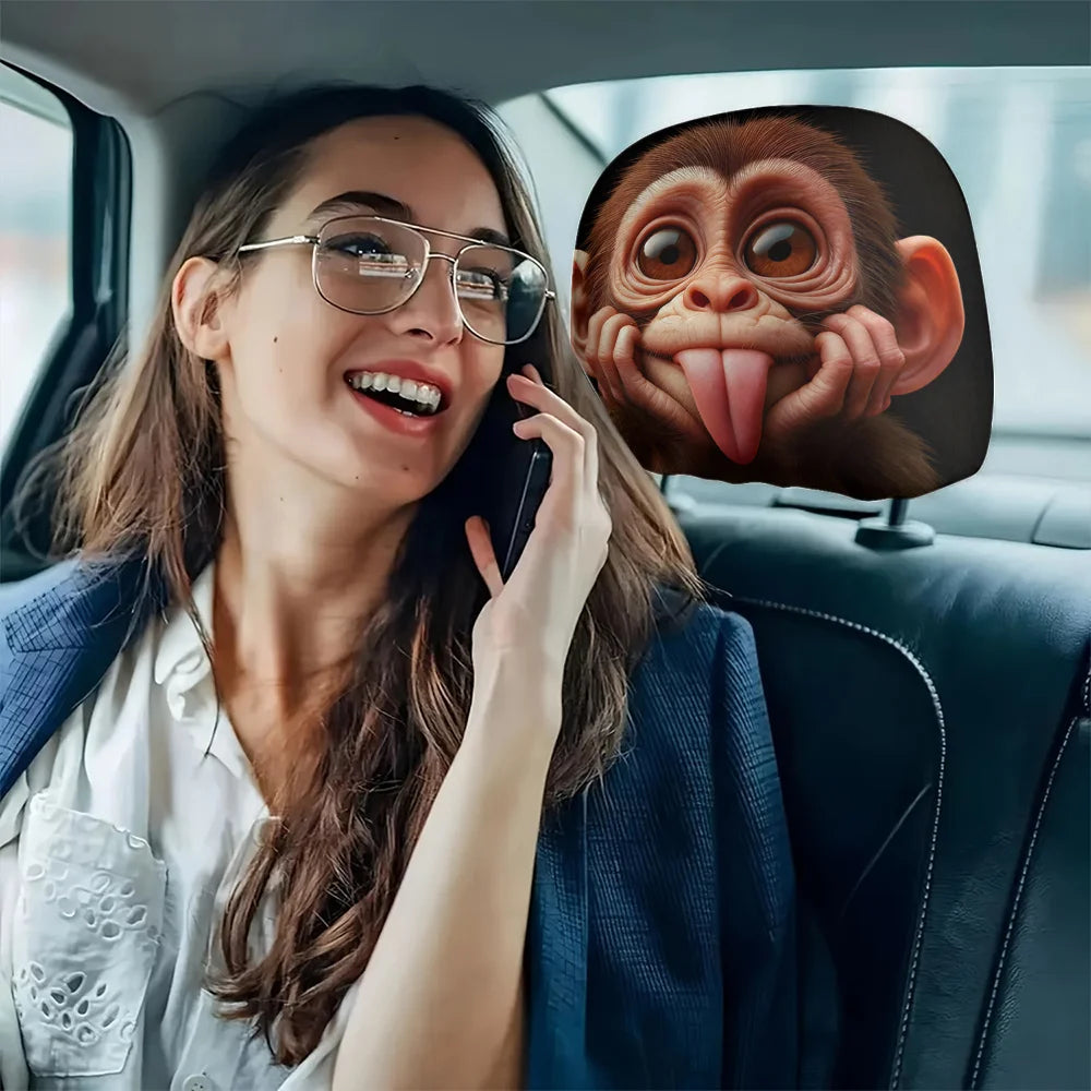 Cute and funny tongue-sticking macaque breathable car headrest cover 2pcs, festival gift, car interior parts, flexible design
