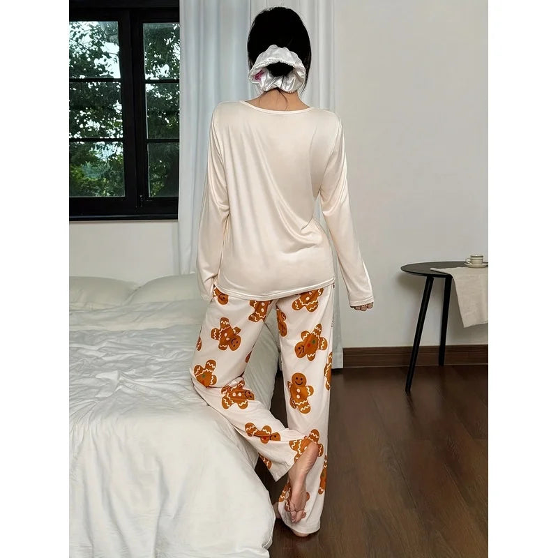 This year's new women's Doz Lane Gingerbread Man print casual Christmas pajama set