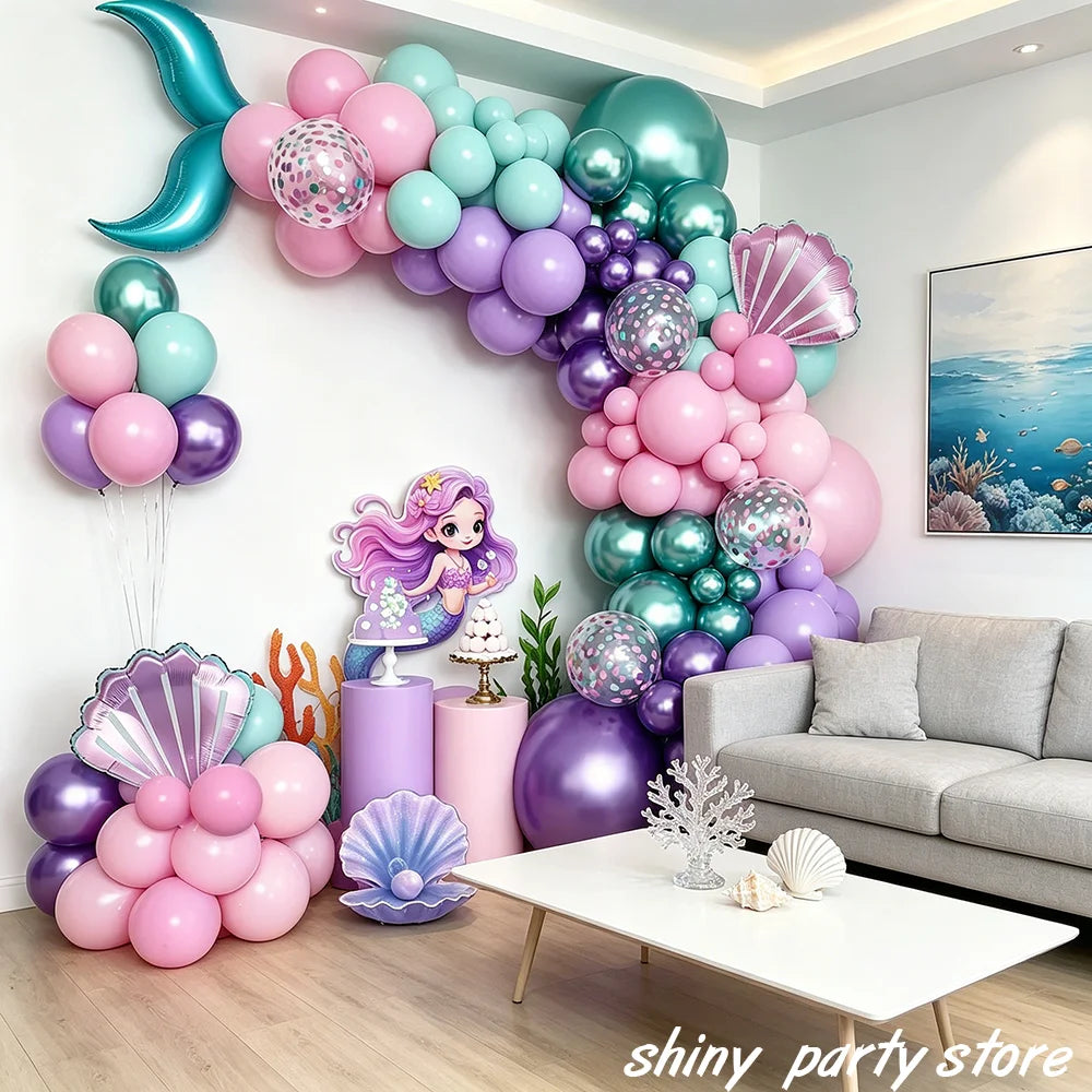 Mermaid Balloon Garland Arch Kit Pastel Pink Purple Seashell Foil Balloon Set Birthday Baby Shower Ocean Theme Party Decor