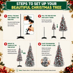 Flocked PVC Christmas Tree 1.5/1.8/2.1M Pre‑Attached Baubles, Foldable Xmas Tree with USB String Lights for Home Holiday Decor
