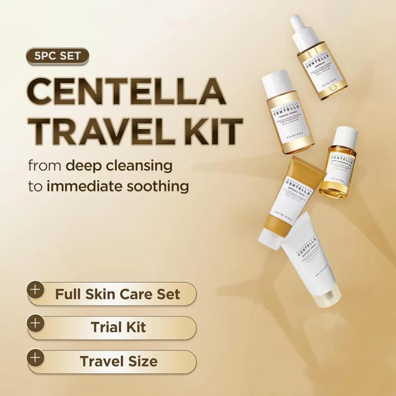 Korean Centella Travel Kit, Toner,Ampoule,Soothing Cream,Cleansing Oil,Ampoule Foam,Basic Daily Skincare Mini 5pcs Gift Sets