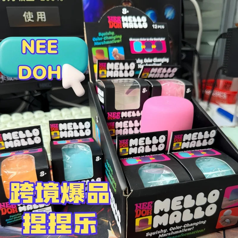 New Needoh Mello Mallo Uv Light Reactive Squish Toy Marshmallow Texture Slow Rising Squeeze Fidget Toy Sunlight Color Change