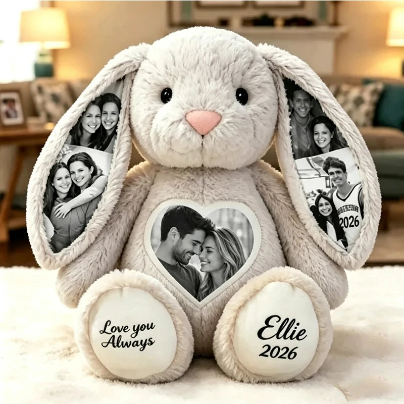 Custom Heart Photo Bunny Plush – Personalized Hidden Ear Picture Bunny Custom Text Anniversary Gift for Couples Sweethearts